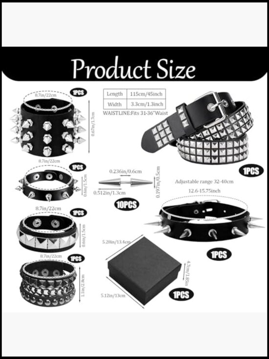 8-Piece Goth Belt Bracelet Choker Set Studded Punk Y2K Black Alternative main image 6